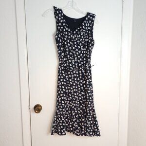 Talbots Navy & White Print V-Neck Ruffle Chiffon Belted Midi Dress
